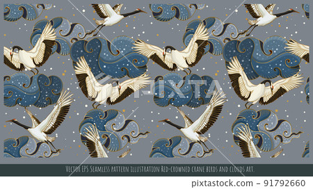 Seamless pattern  Japanese Red-crowned crane birds art. 91792660