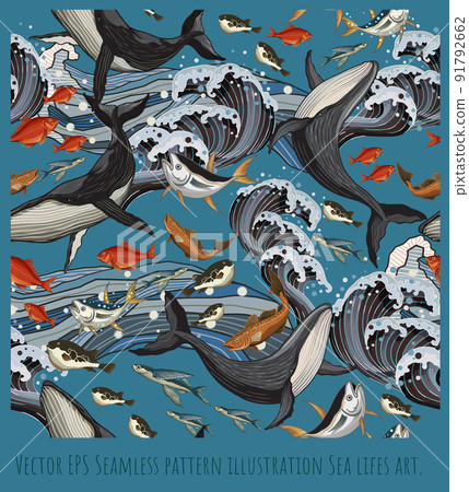 Seamless pattern illustration whale and sea...-插圖素材 [91792662] - PIXTA圖庫