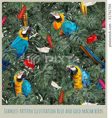 Seamless pattern Blue and gold macaw birds and leaves. Seamless pattern Blue and gold macaw birds and leaves. 91792709