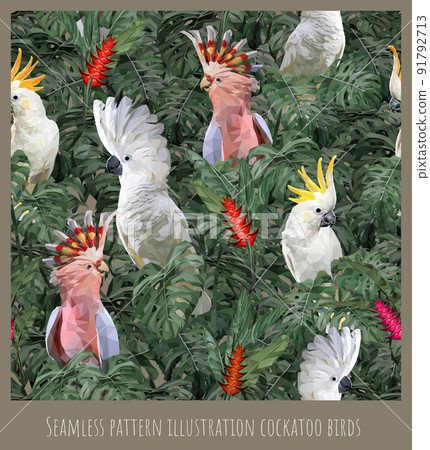 Seamless pattern illustration  cockatoo birds and leaves. 91792713