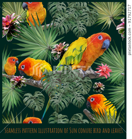 Seamless pattern illustration art of Amazon Sun conure birds. Seamless pattern illustration art of Amazon Sun conure birds. 91792717