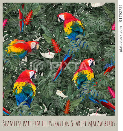 Seamless pattern illustration Amazon rain forest scarlet macaw birds and leaves. Seamless pattern illustration Amazon rain forest scarlet macaw birds and leaves. 91792723