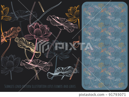 Seamless pattern lined art of lotus flowers and leaves. 91793071