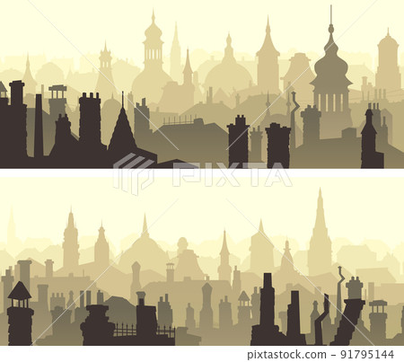 Horizontal banners with old part of the city at sunset with clouds. Horizontal banners with old part of the city at sunset with clouds. 91795144