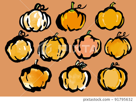 Pumpkin Japanese style sumi-e watercolor style illustration set Pumpkin Japanese style sumi-e watercolor style illustration set 91795632