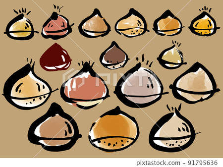 Chestnut Japanese style sumi-e watercolor style illustration set Chestnut Japanese style sumi-e watercolor style illustration set 91795636