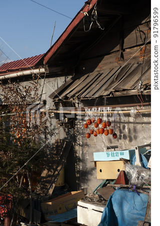 Persimmons that shine in the sun of Indian summer and hanging persimmons, Fujiyoshida City 91796599