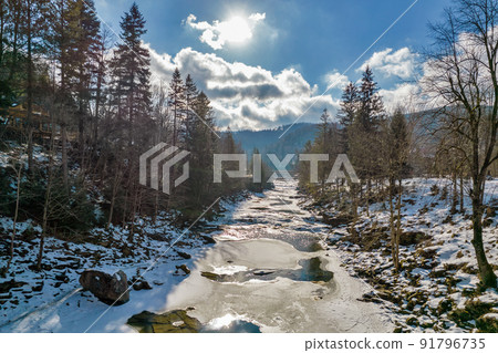 Winter Prut River with Probiy waterfall in Yaremche, Carpatians, Ukraine. Winter Prut River with Probiy waterfall in Yaremche, Carpatians, Ukraine. 91796735