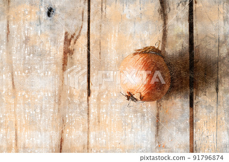 Ripe brown bulb against wooden background. Unpeeled vegetable in brown rind. Digital watercolor painting Ripe brown bulb against wooden background. Unpeeled vegetable in brown rind. Digital watercolor painting 91796874