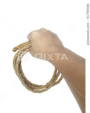 Man's hand holding on to the rope. On a white background Man's hand holding on to the rope. On a white background 91799306