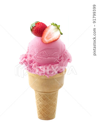 strawberry Ice cream in the cone on white background 91799399