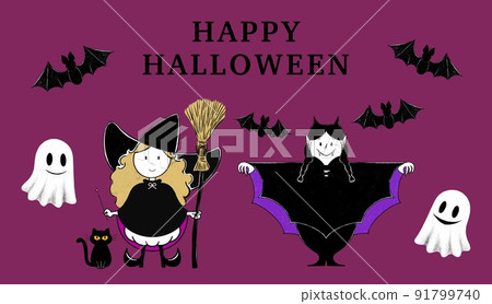 簡單可愛的萬聖節朋友插畫-紫色背景- 簡單可愛的萬聖節朋友插畫-紫色背景- 91799740