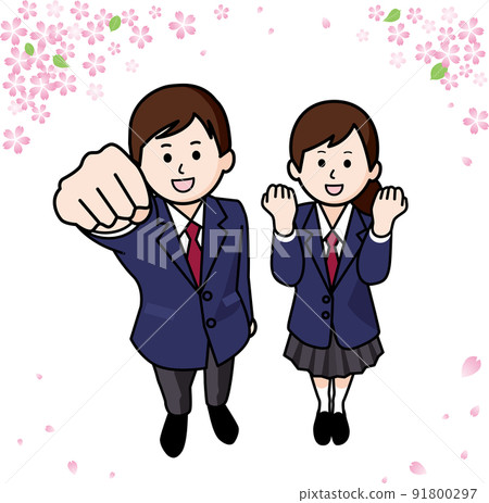 Male and female students and cherry blossoms in a guts pose 91800297