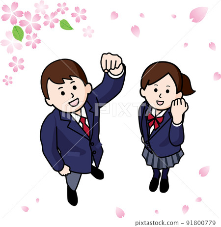 Male and female students and cherry blossoms in a guts pose Male and female students and cherry blossoms in a guts pose 91800779