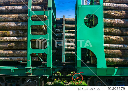 loaded railway wagons for carrying of logs close-up 91802379