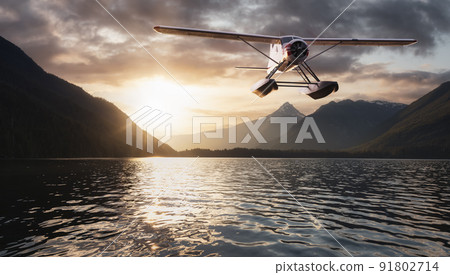 Seaplane flying over a Lake, trees and mountains in Canadian Landscape. 91802714