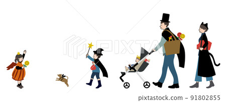 Hand-drawn illustration set of family and dog going out in Halloween costume 91802855