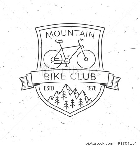 Mountain bike club. Vector illustration. Concept for shirt or logo, print, stamp or tee. Vintage line art design with bike and mountain silhouette. Extreme sport. 91804114