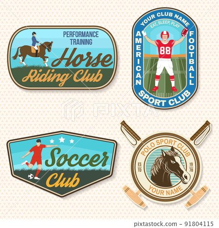 Set of american football, soccer, polo and horse riding club embroidery patch. Vector. Sticker design with soccer, american football sportsman player, helmet, ball rider and horse silhouette. 91804115