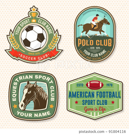 Set of american football, soccer, polo and horse riding club embroidery patch. Vector. Sticker design with soccer, american football sportsman player, helmet, ball rider and horse silhouette. Set of american football, soccer, polo and horse riding club embroidery patch. Vector. Sticker design with soccer, american football sportsman player, helmet, ball rider and horse silhouette. 91804116