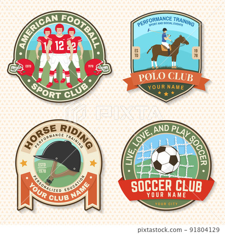 Set of american football, soccer, polo and horse riding club embroidery patch. Vector. Sticker design with soccer, american football sportsman player, helmet, ball rider and horse silhouette. 91804129