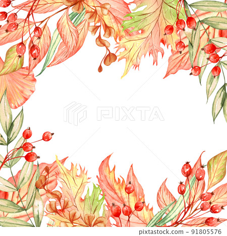 Watercolor frame decorated with beautiful autumn leaves. Fall background with color lives and berries. October season 91805576