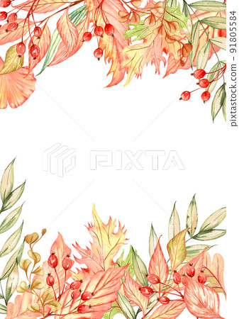 Watercolor frame decorated with beautiful autumn leaves. Fall background with color lives and berries. October season Watercolor frame decorated with beautiful autumn leaves. Fall background with color lives and berries. October season 91805584