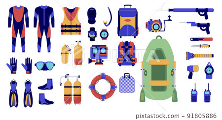 Equipment gear set for diving. Scuba diving, diving mask, flippers, oxygen tank, aqualung, snorkel, marine animals, spearfishing diving underwater protective sea equipment etc. Vector illustration Equipment gear set for diving. Scuba diving, diving mask, flippers, oxygen tank, aqualung, snorkel, marine animals, spearfishing diving underwater protective sea equipment etc. Vector illustration 91805886