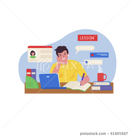 Young man at the desk engaged online lesson through the headphones with a teacher. Online lesson, E-learning, webinar, seminar, courses on the Internet, distance education concept. Vector illustration 91805887