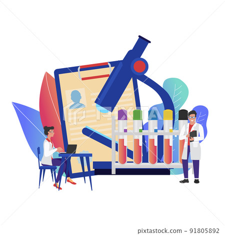 Medical tests. Independent medical lab services. Concept vector with tiny doctors, blood in tubes, microscope. Vector illustration for website, landing page, app, banner. 91805892
