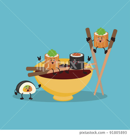 Food poster or baner design with vector Futomaki sushi characters. Vector illustration with Cute kawaii sushi. 91805893