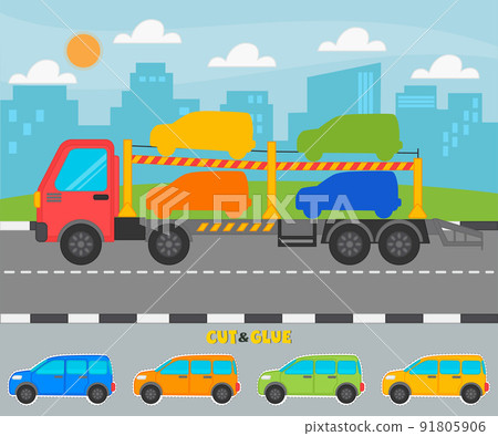 Education paper game for preshool children. Cut and stick the car according to the color of the shadow on the car transporter. Kids funny education riddle entertainment. Vector illustration 91805906