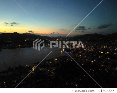 Aerial view of the evening view of Nagasaki Port from the sky above Nabekanzan Observatory Aerial view of the evening view of Nagasaki Port from the sky above Nabekanzan Observatory 91808827