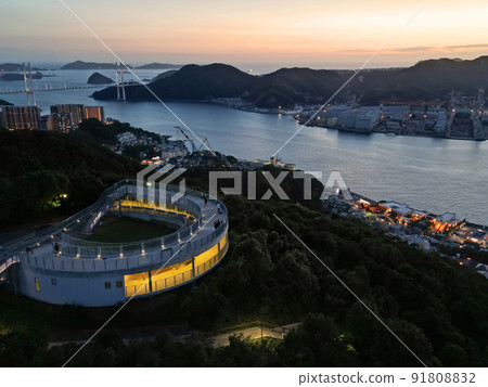 Aerial view of the evening view from the sky above the renewed Nabekanzan Observatory 91808832