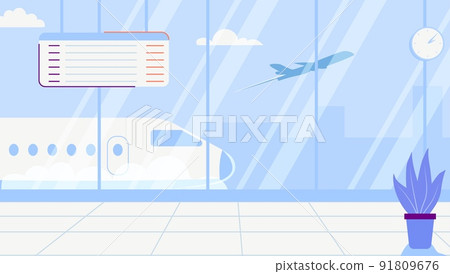 Empty airport terminal lounge with airplane on background Empty airport terminal lounge with airplane on background 91809676