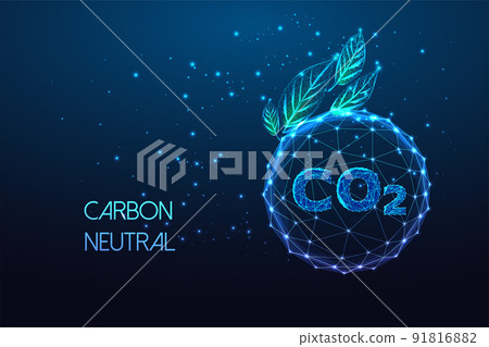 Carbon neutral, net zero emission concept with CO2 inside of sphere and green leaves on dark blue Carbon neutral, net zero emission concept with CO2 inside of sphere and green leaves on dark blue 91816882