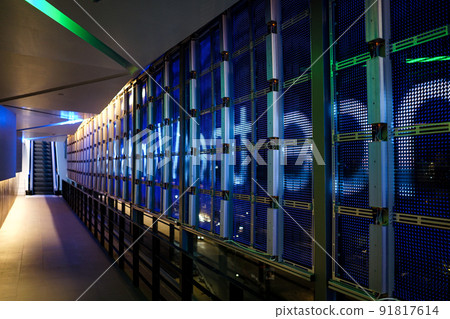 LED pattern system on the mirror glass wall from inside the building to outside with escalator. 91817614