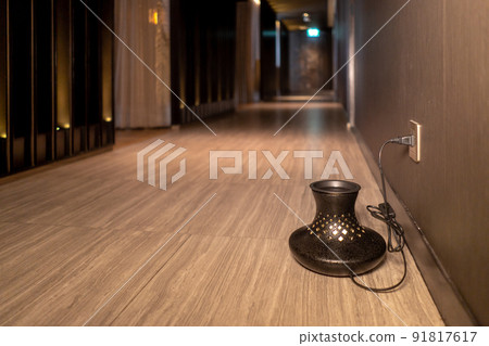 Essencial oil Asian herb style are burning by specific electronic spar machine plug on the wall in walking area. 91817617