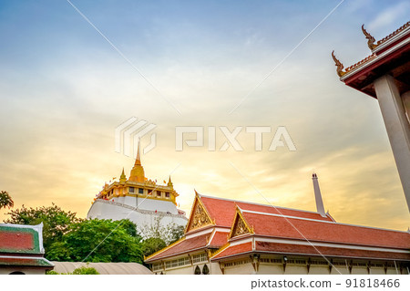 Golden mountain or gold pagoda in the middle of old town of Bangkok, Thailand. 91818466