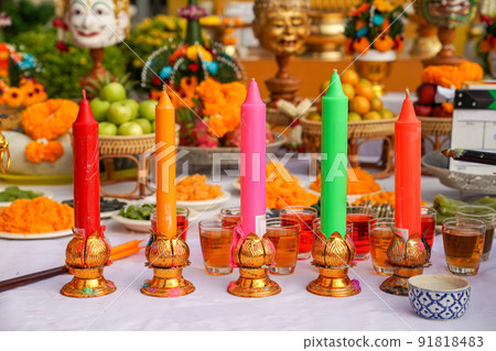 The Sacrifice objects set for the Thai filming project. They prepare in front of the spiritual landlord statue and asking for the successful project. 91818483