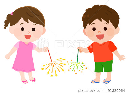 Illustration of boys and girls with handheld fireworks 91820064