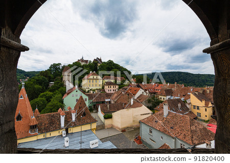 The mountain of the school seen from the observation deck of the clock tower in the historical district of Sighisoara in Transylvania, Romania 91820400