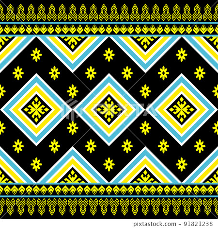 Blue Yellow Symmetry Geometric Ethnic Seamless Pattern on Black Background 91821238