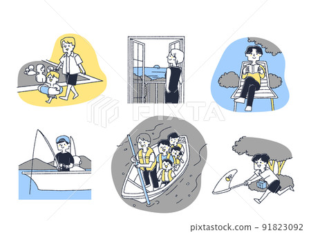 一組享受夏日休閒的人 2 可笑的手寫人物矢量，暖線畫 91823092