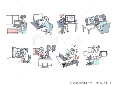 A set of people who do creative work using a personal computer Comical handwritten people 91823104