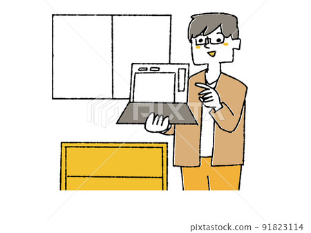 A creator who explains while showing the screen of a laptop computer A person who does creative work using a computer 91823114