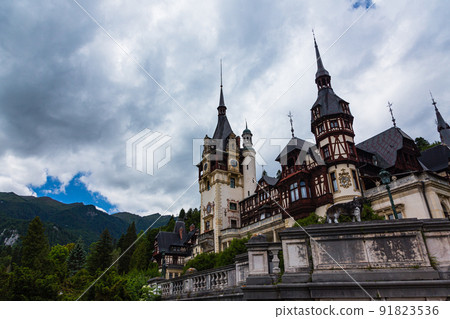 Romanian Perez Castle in Sinaia surrounded by nature 91823536