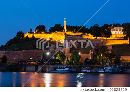 Illuminated Belgrade Fortress and Sava River in Belgrade, Serbia 91823829