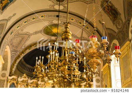 Chandelier in the cathedral of St. George's Cathedral in Novi Sad, Serbia Chandelier in the cathedral of St. George's Cathedral in Novi Sad, Serbia 91824146