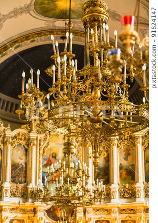 Chandelier in the cathedral of St. George's Cathedral in Novi Sad, Serbia Chandelier in the cathedral of St. George's Cathedral in Novi Sad, Serbia 91824147